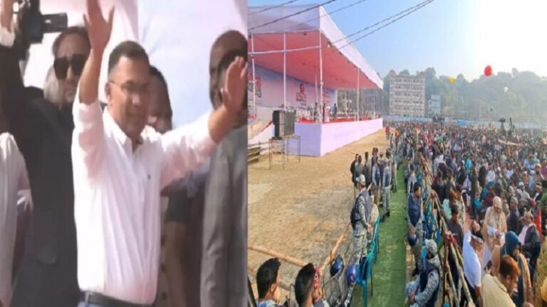 চট্টগ্রামে নির্বাচনী জনসভা মঞ্চে তারেক রহমান, নেতাকর্মীদের ঢল