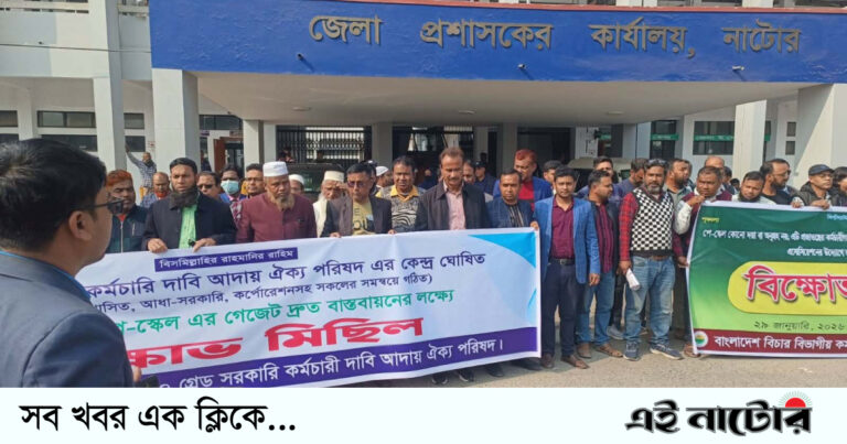পে-স্কেলের গেজেট প্রকাশের দাবিতে নাটোরে বিক্ষোভ মিছিল ও মানববন্ধন অনুষ্ঠিত