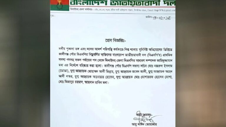 কালীগঞ্জ পৌর বিএনপির ৮ নেতা বহিষ্কার