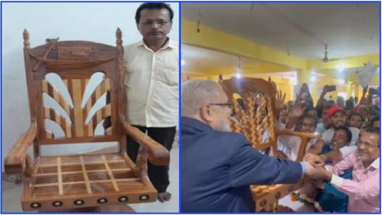 এবার এমপিকে চেয়ার উপহার দিলেন হাসিনার জন্য নৌকা খচিত চেয়ার তৈরি করা সেই কাঠমিস্ত্রি